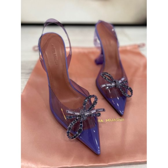 Amina Muaddi Purple Rosie Crystal Embellished Transparent Slingback Pumps